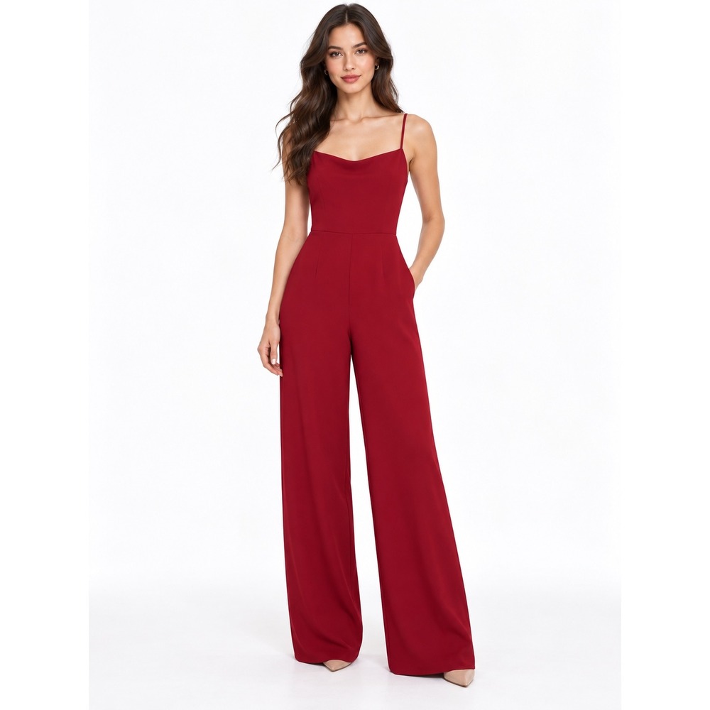 Lulus Jumpsuit Women S Red Excellent Wide Leg Cowl Neck Spaghetti Strap Pocket